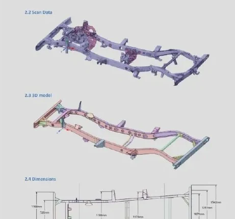 Scan data, 3D CAD model and dimensioned drawing of an industrial chassis