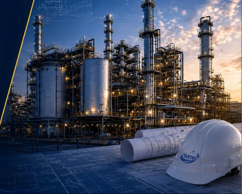 Refinery process plant at dusk with engineering drawings and a SLETEC safety helmet