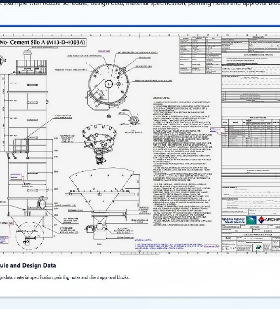 Cement silo general arrangement drawing with nozzle schedule