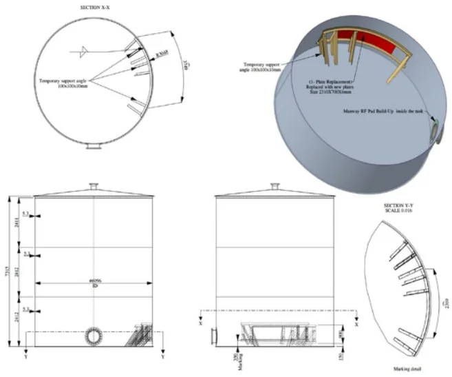Tank shell plate repair arrangement with manway and temporary supports