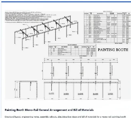 Painting booth mono-rail fabrication drawing with bill of materials