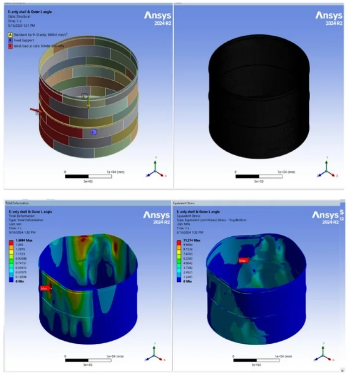 FEA of tank bottom, roof and roof-structure repair with temporary stiffening