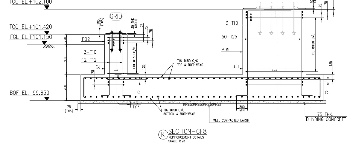 Footing section K reinforcement detail drawing