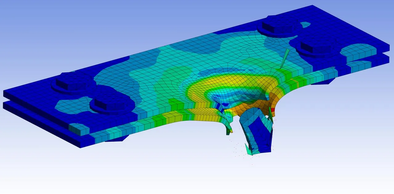 Explicit dynamics stress contour of a projectile perforating two bolted steel plates